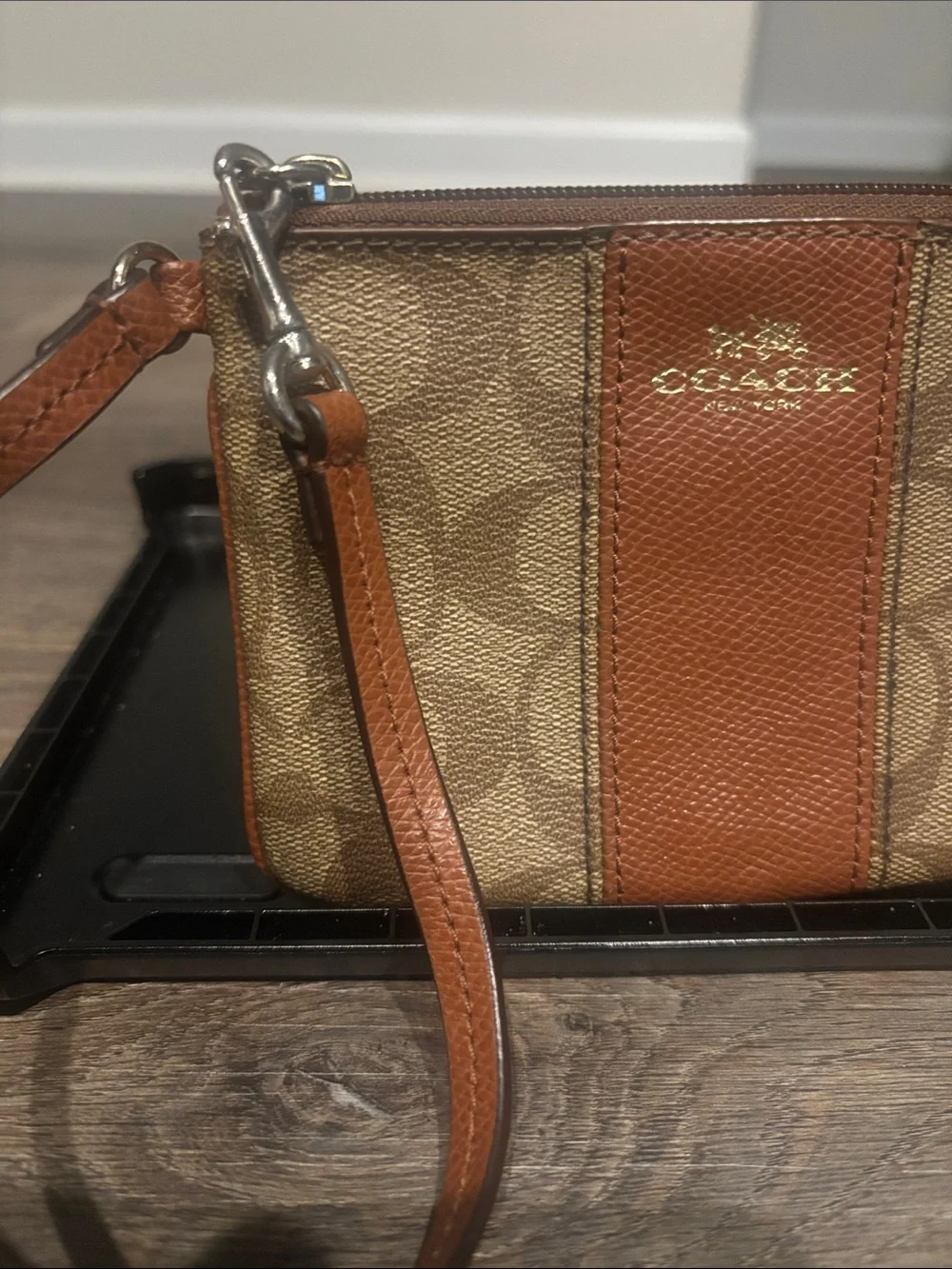 Coach Brown/Tan Signature Canvas Wristlet with Leather Stripe